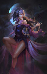 Rule 34 | 1girl, bare legs, bare shoulders, breasts, detached sleeves, flower, full moon, green eyes, hair flower, hair ornament, hand on own chest, high ponytail, highres, looking to the side, moon, night, outdoors, outstretched hand, parted lips, puckered lips, purple hair, realistic, sitting, solo, x.four