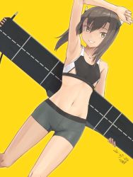 Rule 34 | 1girl, armpits, artist name, brown eyes, brown hair, commentary request, cowboy shot, dated, dutch angle, flight deck, grey shorts, headband, headgear, highres, kantai collection, kawashina (momen silicon), looking at viewer, short shorts, shorts, smile, solo, sports bikini, sports bra, standing, surfboard, taihou (kancolle), yellow background