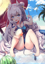 Rule 34 | + +, 1girl, absurdres, azur lane, barefoot, blue eyes, blue one-piece swimsuit, blue sky, breasts, cloud, cooler, copyright name, day, double bun, food, fruit, hair bun, hat, highres, le malin (azur lane), long hair, looking at viewer, one-piece swimsuit, outdoors, palm tree, school swimsuit, shade, silver hair, sitting, sky, small breasts, solo, straw hat, swimsuit, tree, watermelon, yue (qtxyjiang)