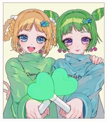 Rule 34 | 2girls, :3, :d, ao (ao0 0nemu), bad id, bad twitter id, blonde hair, blue eyes, blue sweater, blush, braided hair rings, cherry earrings, commentary request, cone hair bun, double bun, earrings, food-themed earrings, food themed earrings, fukuhara ann, glowstick, green hair, green sweater, hair bun, hair ornament, hand on another&#039;s shoulder, highres, holding, holding glowstick, jewelry, long hair, long sleeves, looking at viewer, morizono wakana, multiple girls, open mouth, pretty rhythm, pretty rhythm rainbow live, pretty series, purple eyes, short hair, smile, star (symbol), star hair ornament, sweater, upper body, v