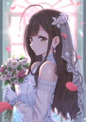 Rule 34 | 1girl, ahoge, blurry, blush, bokeh, bride, brown hair, depth of field, detached sleeves, dress, earrings, flower, glint, gloves, hair flower, hair ornament, highres, holding, holding flower, idolmaster, idolmaster shiny colors, jewelry, kuwayama chiyuki, lace-trimmed veil, lace trim, long hair, looking at viewer, looking to the side, own hands together, petals, see-through, see-through sleeves, simoumi 217, smile, solo, sunlight, upper body, wavy hair, wedding dress, white dress, white gloves, window