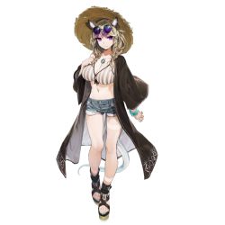 Rule 34 | 1girl, animal ear fluff, animal ears, arknights, bikini, black coat, blue shorts, breasts, brown hair, cleavage, coat, collarbone, denim, denim shorts, eyewear on head, front-tie bikini top, front-tie top, full body, grey bikini, hair ornament, hairclip, hand on own chest, hat, jewelry, kamameshi gougoumaru, large breasts, long hair, long sleeves, looking at viewer, nail polish, navel, necklace, off shoulder, official alternate costume, open clothes, open coat, purple eyes, round eyewear, sandals, short shorts, shorts, smile, solo, standing, stomach, straw hat, string bikini, striped bikini, striped clothes, sunglasses, swimsuit, swimsuit cover-up, tail, thighs, toenail polish, toenails, transparent background, utage (arknights), utage (summer flowers) (arknights), wide sleeves, wristband, x hair ornament