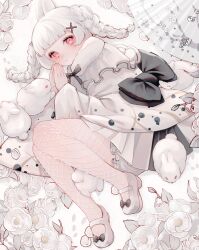 Rule 34 | 1girl, animal ears, black bow, blunt bangs, bow, braid, camellia, clapping, flower, full body, hair ornament, hairclip, highres, lace, lace-trimmed legwear, lace trim, looking at viewer, lying, original, pink eyes, platform footwear, rabbit, rabbit ears, rabbit girl, shiiro illust, solo, twin braids, white flower, x hair ornament