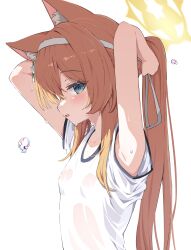 Rule 34 | 1girl, absurdres, adjusting hair, animal ear fluff, animal ears, blue archive, blue eyes, blush, breasts, cat ears, gym shirt, halo, highres, long hair, mannack, mari (blue archive), mari (track) (blue archive), open mouth, orange hair, shirt, short sleeves, simple background, small breasts, solo, upper body, white background, white shirt, yellow halo