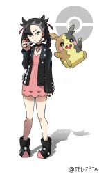 Rule 34 | 1girl, aqua eyes, artist name, asymmetrical bangs, black choker, black hair, black jacket, black nails, choker, commentary request, creatures (company), dress, full body, game freak, gen 8 pokemon, hair ribbon, highres, holding, holding poke ball, jacket, long sleeves, looking at viewer, marnie (pokemon), medium hair, morpeko, morpeko (full), nail polish, nintendo, official style, open clothes, pink dress, poke ball, poke ball (basic), pokemon, pokemon (creature), pokemon swsh, red ribbon, ribbon, simple background, standing, tellzeta, watermark, white background