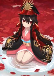 Rule 34 | 1girl, black hair, fate (series), hat, japanese clothes, k jin, kimono, koha-ace, long hair, looking at viewer, oda nobunaga (fate), oda nobunaga (koha-ace), red eyes, seiza, sitting, smile, solo, aged down