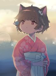 Rule 34 | 1girl, :o, ahoge, animal ears, blush, brown eyes, brown hair, cat ears, commentary request, flower, hair flower, hair ornament, hatoba tsugu, hatoba tsugu, highres, japanese clothes, kemonomimi mode, kimono, long sleeves, obi, parted lips, pink kimono, sash, sha2mo, short hair, solo, virtual youtuber, white flower, wide sleeves