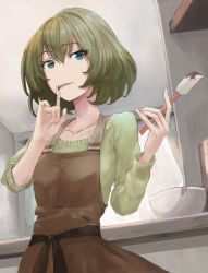 Rule 34 | 1girl, :p, arms up, asymmetrical sleeves, blue eyes, bowl, breasts, brown dress, chocolate, collarbone, counter, dress, green eyes, green sweater, hair between eyes, heterochromia, idolmaster, idolmaster cinderella girls, indoors, licking, licking finger, long sleeves, mole, mole under eye, rurikosu, short hair, sleeves rolled up, small breasts, solo, spatula, sweater, takagaki kaede, tongue, tongue out, uneven sleeves, upper body