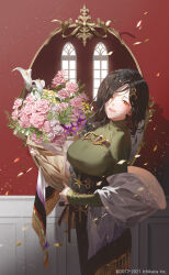 Rule 34 | 1girl, black corset, black hair, black skirt, bouquet, braid, breasts, confetti, copyright name, corset, fajyobore, flower, gradient hair, green sweater, grey hair, hair ornament, holding, holding bouquet, large breasts, light particles, long skirt, looking at viewer, mirror, multicolored hair, nijisanji, official art, open mouth, orange eyes, pink flower, purple flower, ribbed sweater, rose, shawl, shirayuki tomoe, shirayuki tomoe (1st costume), single braid, skirt, solo, standing, streamers, sweater, teeth, tongue, virtual youtuber, white flower, white shawl, window