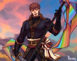 Rule 34 | 1boy, alternate costume, alternate hairstyle, alternate weapon, beard, belt, blue eyes, brown hair, collar, facial hair, fate/grand order, fate (series), flag, goatee, historical connection, jacket, lgbt pride, long sideburns, long sleeves, looking at viewer, male focus, napoleon bonaparte (fate), open clothes, open jacket, pants, pectoral cleavage, pectorals, pheyris, rainbow flag, sideburns, simple background, smile, solo, sword, unbuttoned, weapon