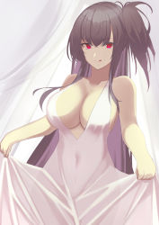Rule 34 | 1girl, absurdres, azur lane, bare shoulders, black hair, breasts, cleavage, collarbone, covered navel, dress, hair between eyes, highres, large breasts, long hair, official alternate costume, one side up, plunging neckline, red eyes, ref (pmxt4483), sleeveless, sleeveless dress, solo, taihou (azur lane), taihou (temptation on the sea breeze) (azur lane), tongue, tongue out, upper body, very long hair, wedding dress, white dress