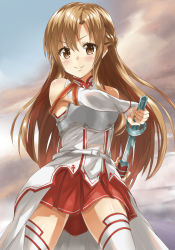 Rule 34 | &gt;:), 10s, 1girl, armor, asuna (sao), bad id, bad pixiv id, bare shoulders, blush, breastplate, brown eyes, brown hair, detached sleeves, heirou, holding, long hair, skirt, solo, sword, sword art online, thighhighs, v-shaped eyebrows, weapon, white thighhighs