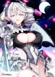 Rule 34 | 1girl, armor, blue eyes, breasts, cleavage, cleavage cutout, clothing cutout, commission, covered erect nipples, crescent moon, demon wings, drill hair, duel monster, earrings, female focus, grey eyes, grey hair, highres, huge breasts, jewelry, lady labrynth of the silver castle, looking at viewer, lovely labrynth of the silver castle, moon, natsumikan, petals, pointy ears, revealing clothes, rose petals, signature, slit pupils, transparent wings, twintails, wings, yu-gi-oh!