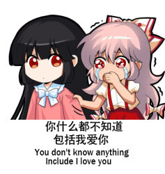 Rule 34 | bilingual, black hair, bow, chibi, commentary request, english text, engrish text, fujiwara no mokou, grey hair, hair between eyes, hair bow, hime cut, houraisan kaguya, jokanhiyou, long hair, looking at another, lowres, meme, mixed-language text, pants, pink shirt, ranguage, red eyes, red pants, shirt, short sleeves, suspenders, touhou, translation request