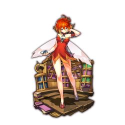 Rule 34 | 10s, 1girl, ahoge, arm garter, bare legs, blush, book, book stack, bookshelf, dress, full body, globe, gradient hair, hand to head, holding, last period, looking at viewer, multicolored hair, neck garter, official art, orange hair, red dress, red eyes, red footwear, red hair, short hair, solo, standing, strapless, strapless dress, transparent background, wings