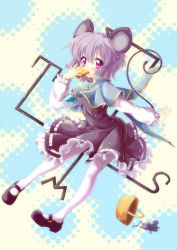 Rule 34 | 1girl, animal ears, basket, capelet, cheese, dress, eating, female focus, food, full body, grey hair, halftone, halftone background, highres, jewelry, mary janes, mouse (animal), mouse ears, mouse tail, nazrin, north abyssor, pantyhose, pendant, red eyes, shoes, short hair, solo, tail, touhou, white pantyhose