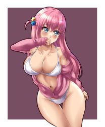 Rule 34 | 1girl, bikini, bikini under clothes, black outline, blue eyes, blush, bocchi the rock!, border, breasts, cleavage, collarbone, covering own mouth, cowboy shot, gotoh hitori, hair ornament, highres, hood, hoodie, large breasts, leonart, long hair, long sleeves, looking to the side, navel, off shoulder, outline, pink hair, pink hoodie, purple background, simple background, solo, standing, swimsuit, thigh gap, white bikini, white border