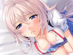Rule 34 | 1girl, bed, blue eyes, blush, bra, breasts, cleavage, game cg, large breasts, legs, long hair, looking at viewer, mochizuki nozomu, ole-m, pink hair, saimin class, school uniform, sitting, skirt, solo, sweat, thighs, underwear