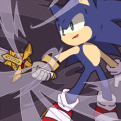 Rule 34 | 1boy, animal ears, animal nose, blue fur, blue hair, body fur, bukiko, caliburn (sonic), furry, furry male, gloves, green eyes, happy, holding, holding sword, holding weapon, long hair, male focus, open mouth, purple background, red footwear, shoes, sideways mouth, simple background, smile, socks, solo, sonic (series), sonic and the black knight, sonic the hedgehog, standing, sword, tail, two-tone fur, weapon, white gloves, white socks, wind, yellow fur