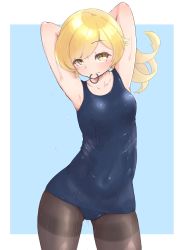 Rule 34 | 1girl, aged up, arms behind head, black pantyhose, blonde hair, blue background, blue one-piece swimsuit, border, breasts, bunoshii, collarbone, cowboy shot, highres, long hair, looking at viewer, monogatari (series), mouth hold, one-piece swimsuit, oshino shinobu, pantyhose, pantyhose under swimsuit, rubber band, school swimsuit, small breasts, solo, standing, swimsuit, thighband pantyhose, two-tone background, wet, wet clothes, wet swimsuit, white border, yellow eyes