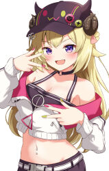 Rule 34 | 1girl, :3, :d, absurdres, animal ears, badge, bare shoulders, belt, bibi (tokoyami towa), blonde hair, breasts, cat, choker, cleavage, commentary request, cosplay, crop top, curled horns, double w, green nails, hat, highres, hololive, horns, light blush, long hair, looking at viewer, medium breasts, midriff, multicolored nails, nail polish, navel, navel piercing, o-ring, o-ring choker, off shoulder, open mouth, piercing, purple eyes, purple nails, rinkaa (lovelive765pro2), sheep ears, sheep girl, sheep horns, simple background, smile, solo, spaghetti strap, tokoyami towa, tokoyami towa (1st costume), tokoyami towa (cosplay), tsunomaki watame, upper body, virtual youtuber, w, white background, white belt