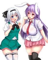 Rule 34 | 2girls, angry, animal ears, black legwear, blue eyes, blush, bra visible through clothes, breast envy, breasts, cowboy shot, ebi 193, konpaku youmu, large breasts, long hair, multiple girls, necktie, open mouth, purple hair, rabbit ears, red eyes, red necktie, reisen udongein inaba, see-through, short hair, silver hair, simple background, skirt, small breasts, smile, thighhighs, touhou, white background, white legwear