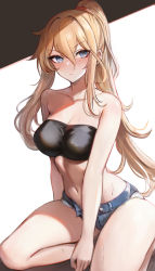 Rule 34 | 1girl, alternate costume, bandeau, bare arms, bare shoulders, blonde hair, blue eyes, blush, breasts, cleavage, commentary, denim, denim shorts, hair between eyes, highres, large breasts, leonmandala, long hair, looking at viewer, metroid, micro shorts, midriff, navel, nintendo, ponytail, samus aran, seiza, shorts, sitting, solo, stomach, strapless, thighs, tube top, very long hair, white background