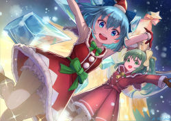 Rule 34 | 2girls, :d, armpits, arms up, bloomers, blue bow, blue eyes, blue hair, bow, bowtie, brown gloves, christmas, cirno, commission, daiyousei, fairy wings, gloves, green eyes, green hair, green neckwear, hair bow, hat, highres, ice, ice wings, long sleeves, looking at viewer, mini hat, multiple girls, open mouth, red gloves, red headwear, sakumichi, santa costume, santa hat, short hair, side ponytail, skeb commission, sleeveless, smile, teeth, thighs, touhou, underwear, upper teeth only, wings