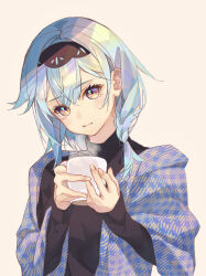 Rule 34 | 1girl, absurdres, black hairband, black sweater, blue hair, blush, braid, cup, eula (genshin impact), genshin impact, hair between eyes, hairband, highres, holding, holding cup, long sleeves, looking at viewer, medium hair, multicolored eyes, oriori 0201, shawl, side braid, simple background, single sidelock, sleeves past wrists, solo, sweater, turtleneck, turtleneck sweater, upper body, yellow background