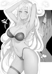 Rule 34 | 1boy, 1girl, blush, bra, breasts, cleavage, contrapposto, cowboy shot, greyscale, grin, heart, highleg, highleg panties, highres, large breasts, long hair, looking at viewer, monochrome, navel, novel illustration, panties, pyon-kichi, shindou yuusha to maid oneesan, sidelocks, smile, solo focus, strapless, strapless bra, thighlet, underwear, underwear only, very long hair