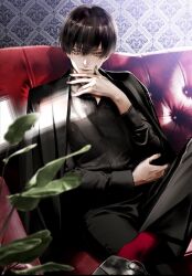 Rule 34 | 1boy, black hair, black jacket, black shirt, blurry, blurry foreground, brown eyes, closed mouth, collared shirt, couch, crossed legs, dress shirt, ellery (jukkakukan no satsujin), formal, hair between eyes, hand on own face, highres, jacket, jacket on shoulders, jukkakukan no satsujin, kiyohara hiro, long bangs, long sleeves, looking at viewer, male focus, mole, mole under mouth, plant, red socks, shirt, short hair, sitting, socks, solo