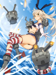 Rule 34 | 10s, 1girl, anchor, ass, black panties, blonde hair, blush, boots, elbow gloves, gloves, green eyes, grey footwear, hair ornament, hairband, highleg, highleg panties, highres, kantai collection, lifebuoy, long hair, looking at viewer, midriff, panties, personification, rensouhou-chan, shimakaze (kancolle), skirt, solo, striped clothes, striped thighhighs, swim ring, thighhighs, thong, torn clothes, torn gloves, torn thighhighs, underwear, white gloves, yangsion