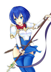 Rule 34 | 1girl, armor, blue dress, blue eyes, blue hair, blue thighhighs, breastplate, catria (fire emblem), dress, el (el406), elbow gloves, fire emblem, fire emblem: mystery of the emblem, gloves, headband, highres, holding, holding polearm, holding spear, holding weapon, nintendo, open mouth, pegasus knight uniform (fire emblem), polearm, sheath, sheathed, short dress, short hair, simple background, solo, spear, thighhighs, weapon, white background, white gloves, white headband, zettai ryouiki