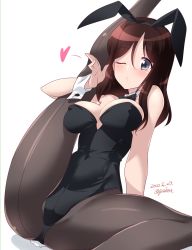 Rule 34 | 1girl, animal ears, artist name, black bow, black bowtie, black leotard, black pantyhose, blowing kiss, blue eyes, blush, bow, bowtie, breasts, brown hair, cameltoe, covered erect nipples, covered navel, dated, fake animal ears, fake tail, girls und panzer, heart, highres, kuzuryuu kennosuke, large breasts, leotard, looking at viewer, medium hair, megumi (girls und panzer), open mouth, pantyhose, playboy bunny, rabbit ears, rabbit tail, simple background, solo, tail, white background