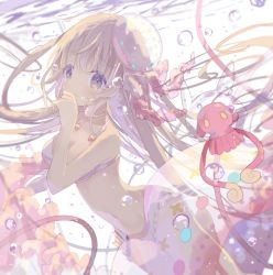 Rule 34 | 10s, 1girl, air bubble, bikini, bikini top only, blonde hair, blue eyes, blush, bubble, closed mouth, coral, hand up, jellyfish, long hair, looking to the side, merc storia, phoenix0, solo, swimsuit, underwater, white bikini