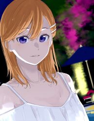 Rule 34 | 1girl, camisole, commentary request, dutch angle, frilled camisole, frills, hair between eyes, highres, looking at viewer, love live!, love live! superstar!!, medium hair, orange hair, outdoors, parted lips, purple eyes, s sho mkrn, shibuya kanon, solo, upper body, wet, white camisole