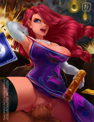 Rule 34 | 1girl, aiming, aiming at viewer, alternate costume, artist name, assertive female, clothed sex, cowgirl position, dragonfu, dress, gun, handgun, league of legends, looking at viewer, miss fortune (league of legends), nipple slip, nipples, penis, pussy, red hair, sex, straddling, uncensored, vaginal, weapon