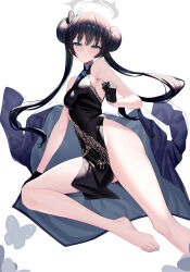 Rule 34 | 1girl, barefoot, black dress, black gloves, black hair, blue archive, china dress, chinese clothes, commentary, double bun, dragon print, dress, feet, gloves, hair bun, halo, highres, kisaki (blue archive), legs, long hair, looking at viewer, pelvic curtain, print dress, ririko (zhuoyandesailaer), simple background, sleeveless, sleeveless dress, solo, toes, twintails, white background