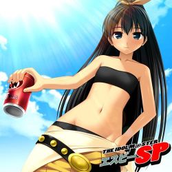 Rule 34 | 00s, 1girl, 961 production, a&amp;w, a&amp;w root beer, black hair, blue eyes, female focus, ganaha hibiki, idolmaster, idolmaster (classic), lowres, outdoors, product placement, sky, solo, undressing