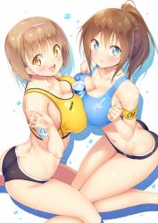 Rule 34 | 2girls, :d, :o, armband, ass, between breasts, blue eyes, blush, bottle, breast press, breasts, brown hair, buruma, butt crack, cleavage, collarbone, dimples of venus, hairband, hands up, highres, kazuma (kazumav), kneeling, large breasts, long hair, looking at viewer, multiple girls, open mouth, original, parted lips, ponytail, short hair, sidelocks, silhouette, smile, sports bikini, sports bra, sweat, symmetrical docking, thighs, water bottle, water drop, yellow eyes