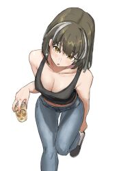Rule 34 | 1girl, :o, arknights, bare arms, bare shoulders, black footwear, black tank top, breasts, can, cleavage, commentary request, denim, foot out of frame, grey hair, highres, holding, holding can, jeans, looking at viewer, magallan (arknights), medium breasts, multicolored hair, naixorth, navel, pants, shoes, short hair, simple background, solo, standing, standing on one leg, streaked hair, tank top, white background, yellow eyes