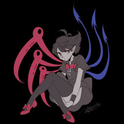 Rule 34 | 1girl, antenna hair, asymmetrical wings, black background, black dress, black hair, black thighhighs, blue wings, bow, bowtie, breasts, crossed legs, dated, dress, eyebrows, full body, houjuu nue, hugging own legs, multiple wings, pointy ears, red bow, red bowtie, red eyes, red footwear, red wings, shikido (khf), shoes, short hair, short sleeves, signature, simple background, small breasts, solo, thighhighs, touhou, wings, wristband