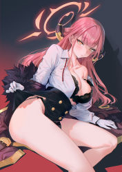 Rule 34 | 1girl, aru (blue archive), black bra, black panties, blue archive, bra, breasts, demon horns, fur trim, highres, horns, jacket, large breasts, looking at viewer, mhk (mechamania), open clothes, open jacket, orange eyes, panties, parted lips, pencil skirt, pink hair, see-through, see-through shirt, shirt, sitting, skirt, thighs, underwear, wet, wet clothes, wet shirt