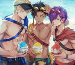 Rule 34 | 3boys, blonde hair, blue eyes, bowl, braid, brown hair, claude von riegan, claude von riegan (summer), commentary request, dimitri alexandre blaiddyd, dimitri alexandre blaiddyd (summer), earrings, eyewear on head, fire emblem, fire emblem: three houses, fire emblem heroes, fire emblem warriors: three hopes, food, green eyes, hair over eyes, halftone, halftone background, hand on own hip, holding, holding bowl, holding food, jewelry, looking at viewer, male focus, male swimwear, multiple boys, nintendo, ocean, official alternate costume, one eye covered, purple eyes, purple hair, round eyewear, saku (soreca49), shaved ice, shez (fire emblem), shez (male) (fire emblem), shez (male) (summer) (fire emblem), single earring, swim trunks, topless male, utensil in mouth, visor cap