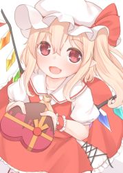 Rule 34 | 1girl, ascot, blonde hair, blush, box, collared shirt, commentary request, crystal, dress, fang, flandre scarlet, hair between eyes, hands up, hat, hat ribbon, heart, highres, jewelry, looking at viewer, looking up, mob cap, multicolored wings, one side up, open mouth, pointy ears, puffy short sleeves, puffy sleeves, red dress, red eyes, red ribbon, ribbon, sakurea, shadow, shirt, short hair, short sleeves, simple background, sitting, smile, solo, tongue, touhou, white background, white hat, white shirt, wings, wrist cuffs, yellow ascot