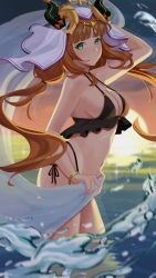 Rule 34 | 1girl, absurdres, bikini, black bikini, blue eyes, breasts, commentary, cowboy shot, english commentary, floating hair, genshin impact, haerge, halterneck, highres, horns, long hair, looking at viewer, low twintails, medium breasts, navel, nilou (genshin impact), red hair, smile, solo, sunset, swimsuit, twintails, veil, wading, water, white headdress