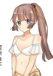 Rule 34 | 1girl, absurdres, bikini, brown hair, collarbone, commentary request, dated, flat chest, hair ribbon, highres, kantai collection, kazagumo (kancolle), long hair, looking at viewer, one-hour drawing challenge, ponytail, ribbon, sarong, side-tie bikini bottom, grey eyes, simple background, solo, swimsuit, tamako (sui 8931), twitter username, white background, white bikini