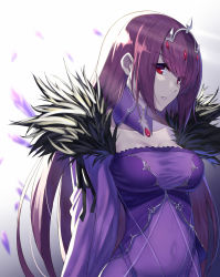 Rule 34 | 1girl, absurdres, breasts, cleavage, commentary request, covered navel, crystal, dress, fate/grand order, fate (series), fur trim, hair between eyes, highres, joker (tomakin524), large breasts, long hair, looking at viewer, purple dress, purple hair, red eyes, scathach (fate), scathach skadi (fate), simple background, solo, tiara