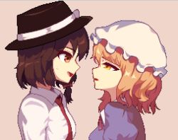 Rule 34 | 2girls, animated, animated gif, arm around neck, asymmetrical docking, blonde hair, blush, bow, breast press, breasts, brown hair, fedora, french kiss, furumero, hat, holding another&#039;s arm, holding hands, hug, interlocked fingers, kiss, large breasts, licking tongues, maribel hearn, medium hair, multiple girls, necktie, pixel art, short hair, simple background, small breasts, sweatdrop, touhou, usami renko, yellow eyes, yuri