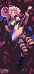 Rule 34 | 1girl, ahoge, bell, black nails, black pantyhose, black shirt, bow, breasts, choker, cleavage, commentary, demon girl, demon horns, demon tail, elbow gloves, english commentary, facial tattoo, fingerless gloves, gloves, guitar, hair ornament, heart, heart ahoge, heart hair ornament, highres, holding, holding instrument, horns, instrument, ironmouse, ironmouse (pink rock), jingle bell, large breasts, long hair, looking at viewer, nail polish, pantyhose, pink bow, pink gloves, pink shorts, pink thighhighs, plectrum, sayuui, shirt, short shorts, shorts, skull ornament, star tattoo, tail, tattoo, thighhighs, twintails, virtual youtuber, vshojo
